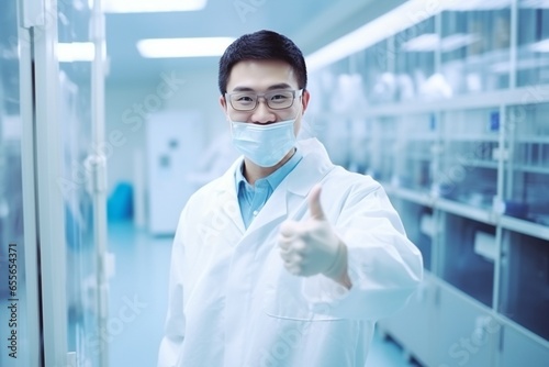 Portrait of a medical worker in protective suit and mask showing thumbs up
