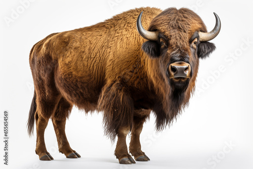 Bison isolated on white background with clipping path. Side view.