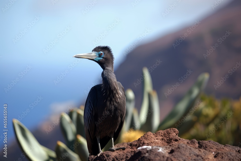 Fototapeta premium A bird perched on a rock with a cactus in the backgroun