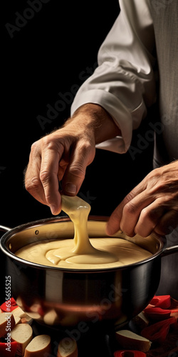 Close up of hands of non recognizable people handling Swiss fondue. © Cala Serrano