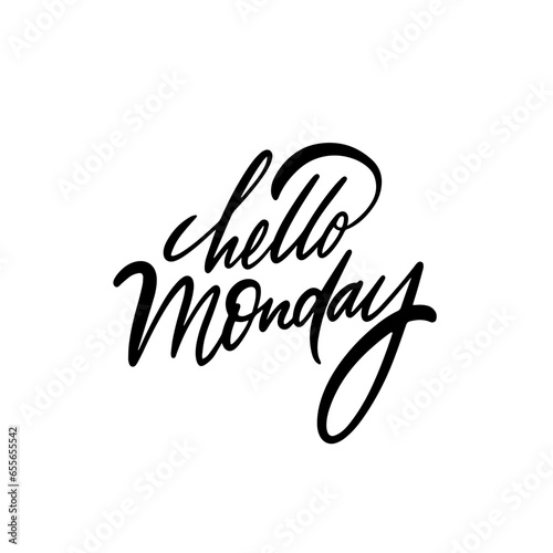 Hello Monday lettering phrase. Motivational black color text vector art.