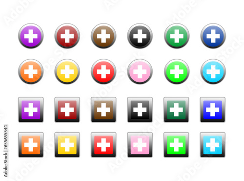 plus sign icon set with gradient color inside the circle and square. colorful 24 buttons. vector illustration isolated on white background.