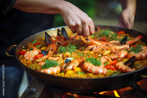 Close up of hands of non recognizable people handling Spanish paella.