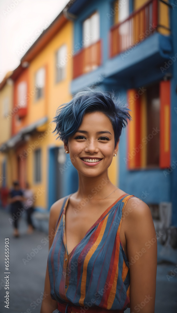 portrait of a smiling young woman on a street with colorful houses, blue, red, orange and yellow facades