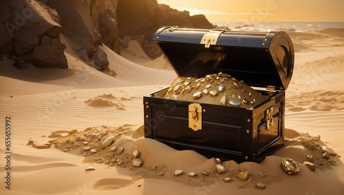Sunrise Reflection on Antique Treasure Chest at Coastal Shore
