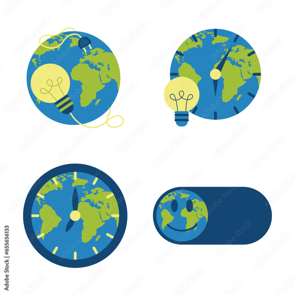 Earth Hour Illustration with Cartoon Design. Vector Icon Set
