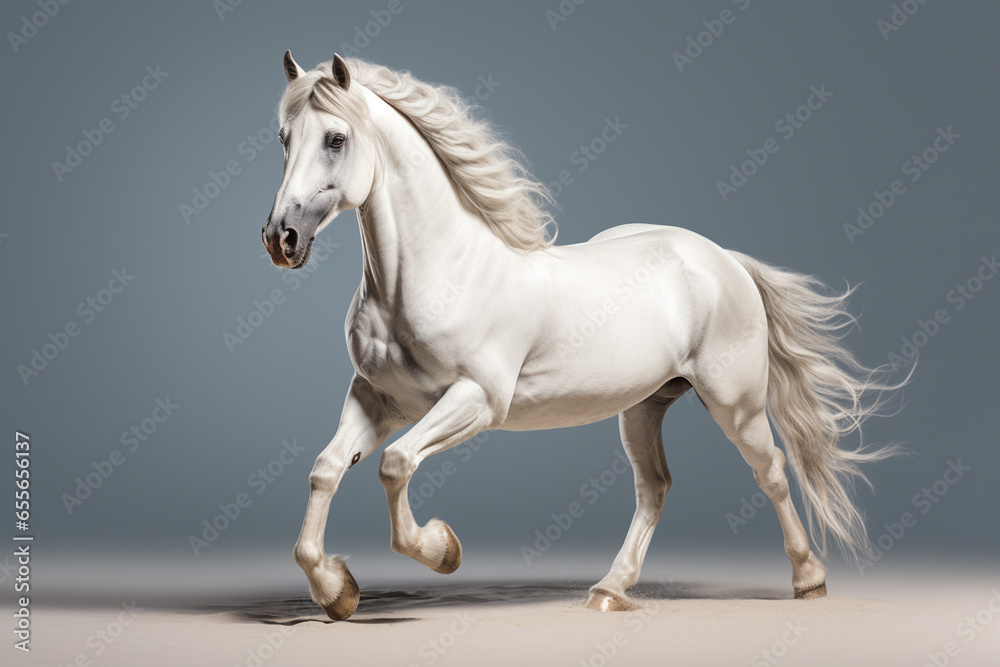 Horse standing in front of a white background. Isolated image.