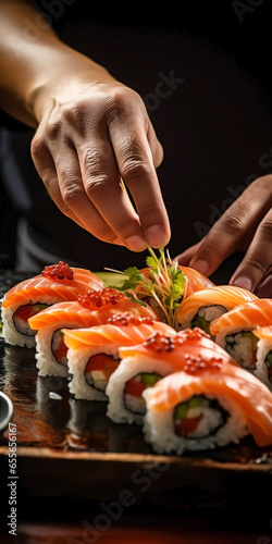 Close up of hand handling Japanese sashimi sushi.