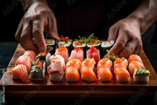 Close up of hands of non recognizable people handling Japanese sashimi sushi.