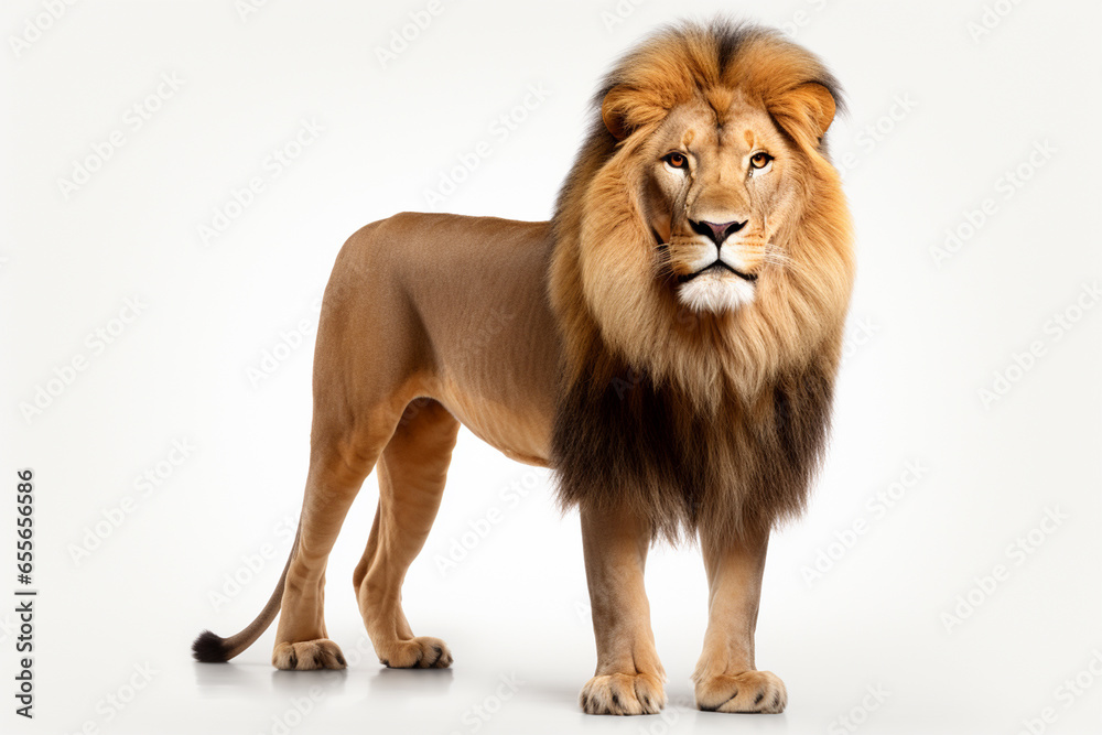 Big male lion standing isolated on white background. Side view. 3D illustration.