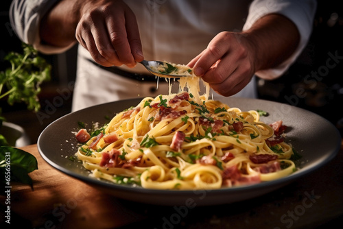 Close up of hands of non recognizable people handling Italian pasta carbonara.