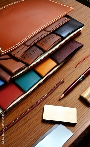 Selected pieces of beautifully colored or tanned leather on leather craftman's work desk