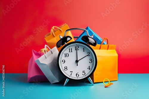 sales concept with alarm clock and colourful shopping bags  photo