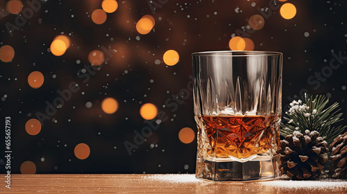A wide glass of whiskey or bourbon with a fir branch and a pine cone on a wooden table. Falling snowflakes and blurry lights on the background. Free space for product placement or advertising text.