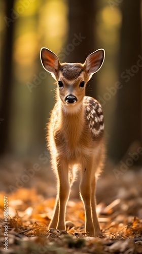 A cute fawn standing in a forest