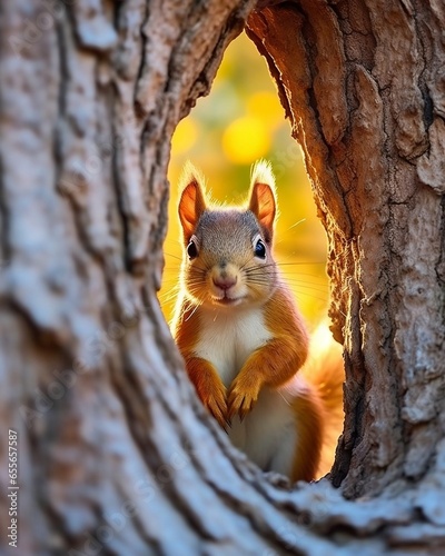 Red Squirrel peeking out of a tree hollow
