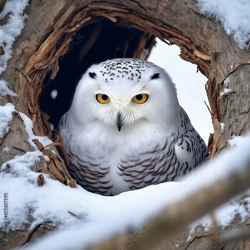 Snowy Owl Perched in Tree Hollow