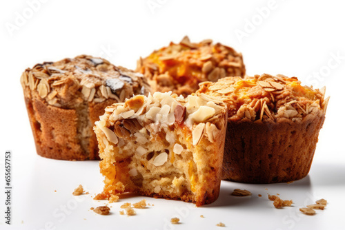 Baked fresh oats muffins with granola isolated on white background . Concept of healthy food