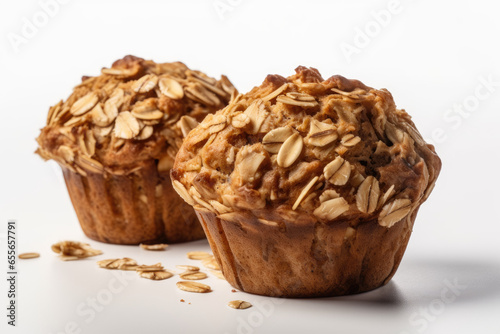 Baked fresh oats muffins with granola isolated on white background . Concept of healthy food
