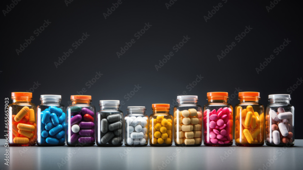 Colorful medical capsules, pills, vitamins, tablets, drugs, meds in clear plastic bottle for sale at pharmacy drug store, pharmaceutical exhibition. Pharma industry, medicine and healthcare concept - obrazy, fototapety, plakaty 