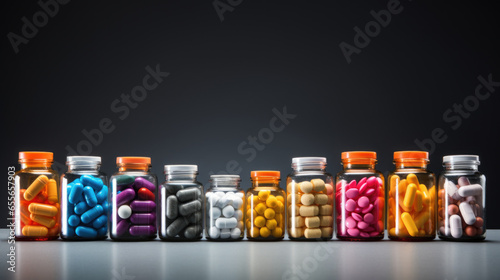 Colorful medical capsules, pills, vitamins, tablets, drugs, meds in clear plastic bottle for sale at pharmacy drug store, pharmaceutical exhibition. Pharma industry, medicine and healthcare concept