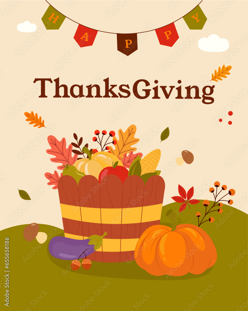 Thanksgiving Day. Banner, inscription on card. Turkey, pumpkins, Autumn harvest in a basket, autumn leaves. Vector graphics in cartoon style.
