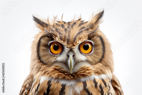 Owl with big eyes sitting on a wooden branch isolated on white background