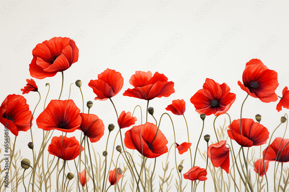 poppy flowers on white background with copy space for your text.