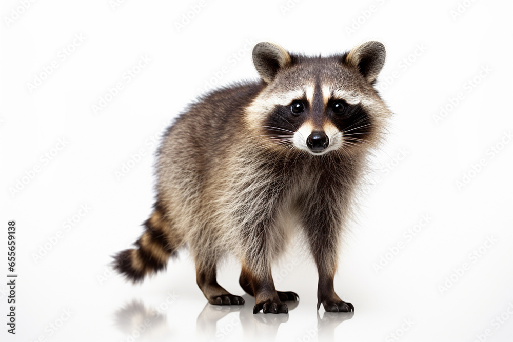 Portrait of a raccoon sitting on a white background, isolated