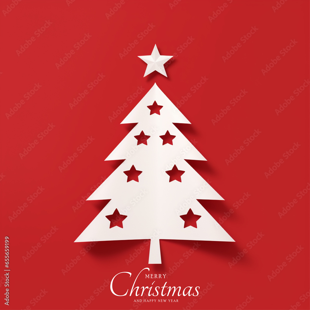 merry christmas tree with white paper tops on red background, christmas tree design in paper style
