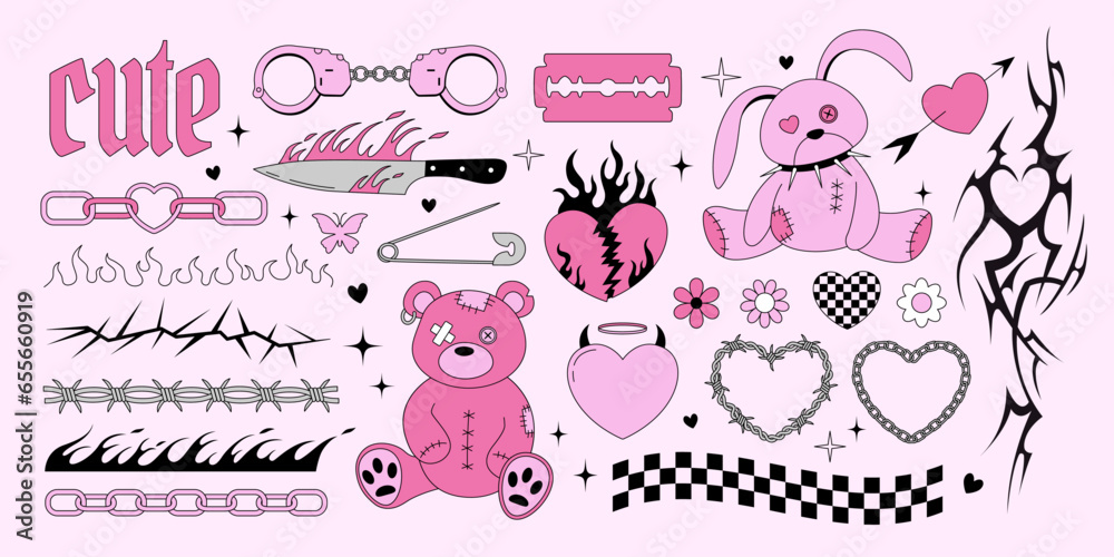 Y2k emo goth stickers collection. Old bear and bunny toys, hearts, spikes,  tattoo, flame, knife in 2000s style. Black and pink gothic cliparts. Vector  illustration Stock Vector