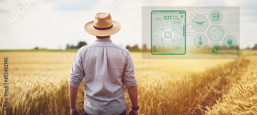 Smart farming,  man farmer stands in a golden wheat field, checking the progress of  harvest, Agriculture, organic farming, Summer landscape with wheat field, agro-business, positive emotional concept