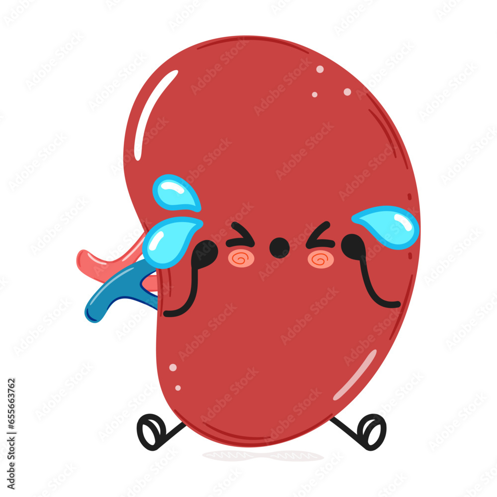 Obraz premium Cute sad Spleen organ character. Vector hand drawn cartoon kawaii character illustration icon. Isolated on white background. Sad Spleen organ character concept