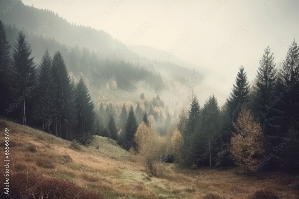 A serene foggy morning in a peaceful field surrounded by tall trees