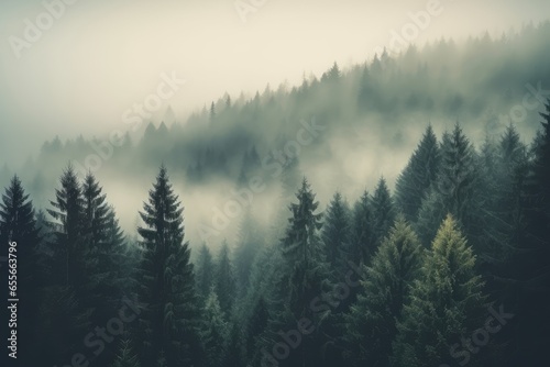A misty forest with an abundance of trees creating a serene and magical atmosphere © Marius