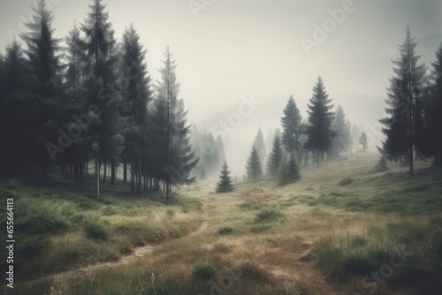 A foggy field with trees in the mist