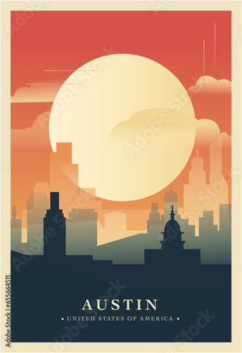 USA Austin city brutalism poster with abstract skyline, cityscape Texas retro vector illustration. US state travel guide cover, brochure, flyer, leaflet, business presentation template image