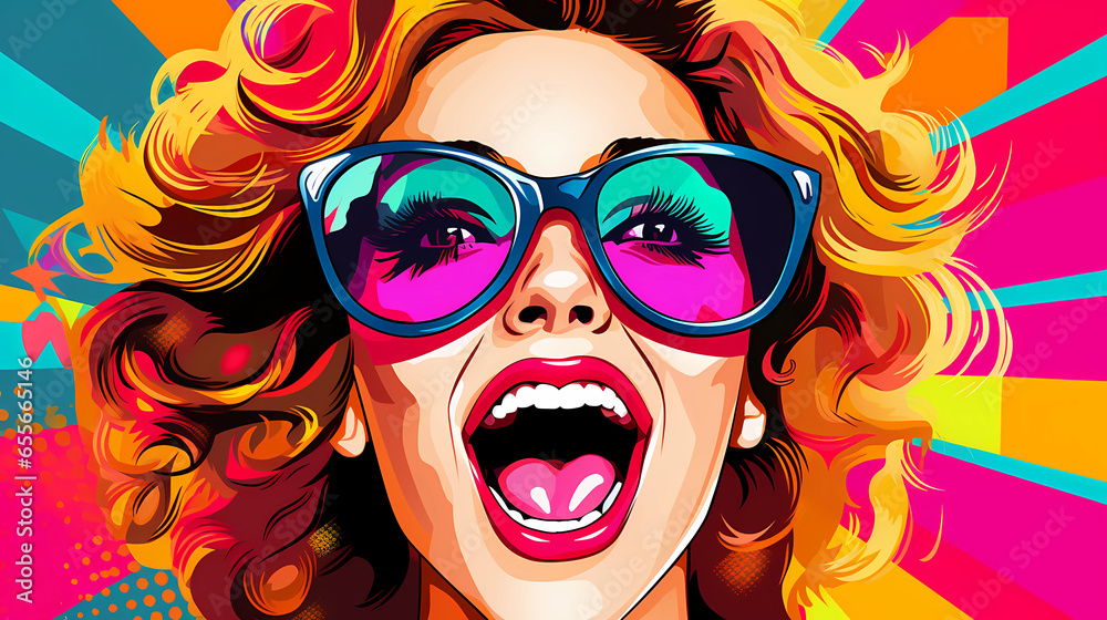 Close portrait of a colorful woman in pop art style, illustration of a girl full of dynamics and happiness
