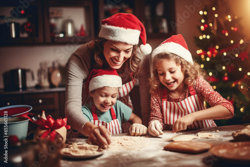 Photo of a woman and two children baking Christmas cookies together