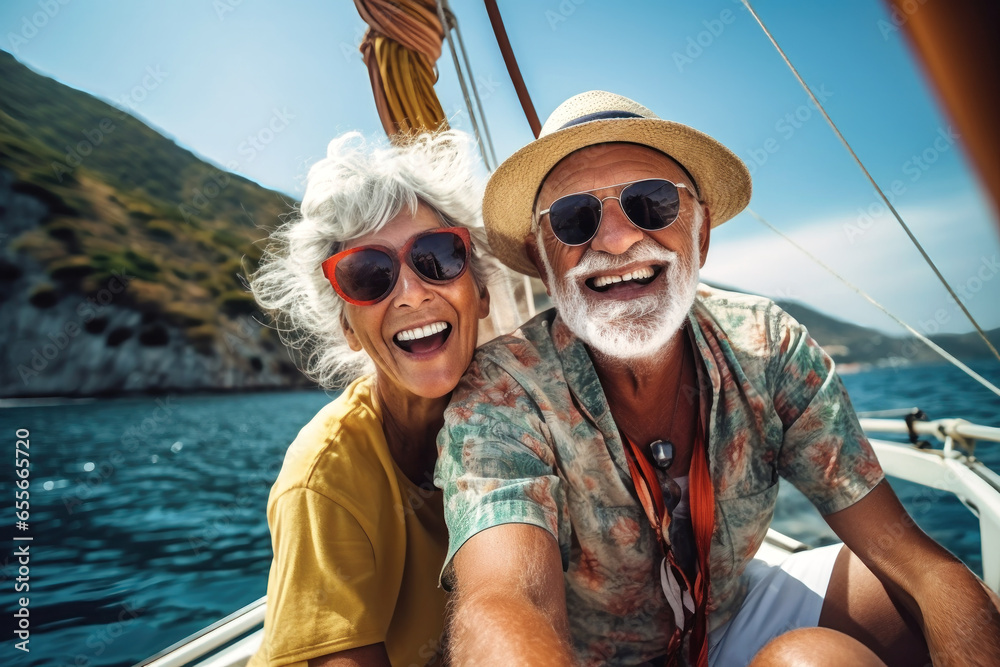 An elderly couple sits in a boat or yacht against the backdrop of the sea. Happy and smiling. Yacht trip. Sea voyage, active recreation. Love and romance of older people