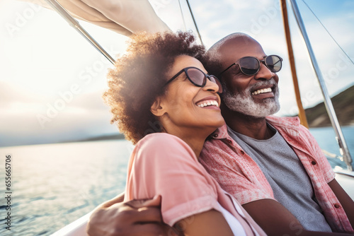 An elderly black couple sits in a boat or yacht against the backdrop of the sea. Happy and smiling people. A trip on a sailing yacht. Sea voyage, active recreation. Love and romance of older people photo