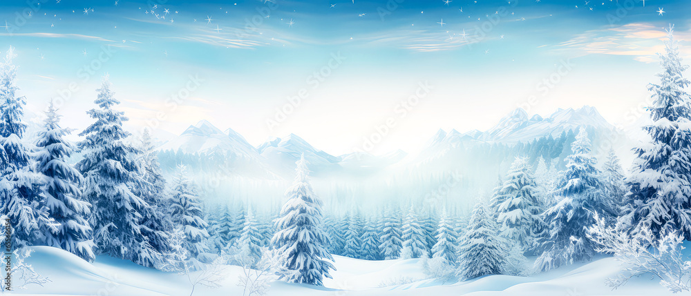 Snowy winter landscape. panorama of glade and forest with mountains view. Winter holidays illustration. Scenery background . Generative ai