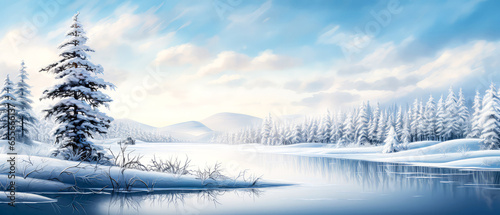  Winter holidays illustration. Scenery background with snowy trees, lake, mountains. Panoramic view forest and meadow landscape. Christmas Greeting card. Generative ai © Inai