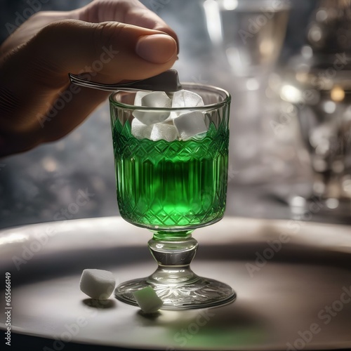 A hand gently dropping a sugar cube into a glass of absinthe with an ornate spoon4