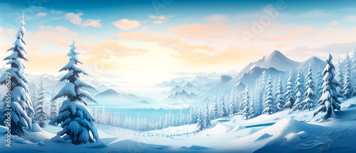Winter holidays illustration. Scenery background with snowy trees, lake, mountains. Panoramic view forest and meadow landscape. Christmas Greeting card. Generative ai
