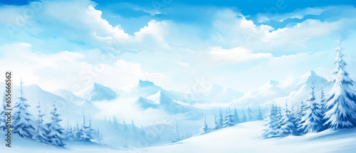 Snowy winter landscape. panorama of glade and forest with mountains view. Winter holidays illustration. Scenery background . Generative ai © Inai