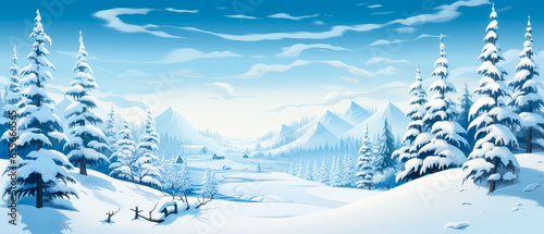 Snowy winter landscape. panorama of glade and forest with mountains view. Winter holidays illustration. Scenery background . Generative ai