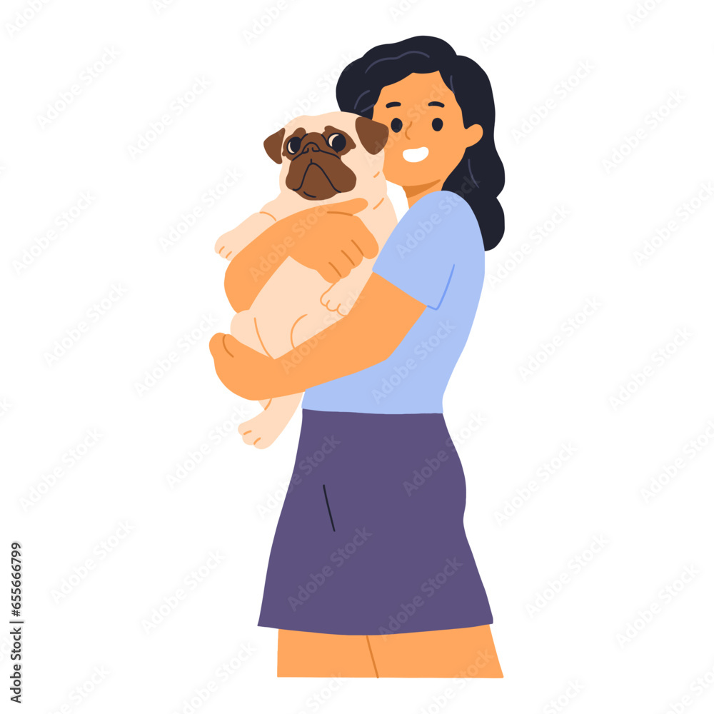 young woman hugging pug dog with love