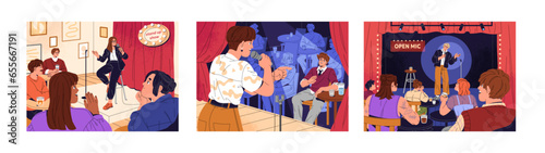 Open mic, stand up show set. Comedian with microphone jokes on stage. Standup comic tell humor speech on scene, performance. Happy audience, crowd laugh. Comedy entertainment. Flat vector illustration