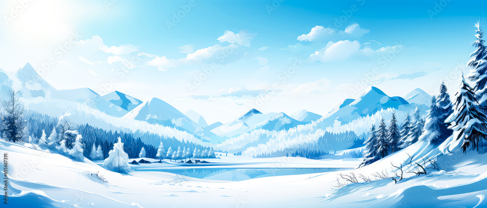  Winter holidays illustration. Scenery background with snowy trees, lake, mountains. Panoramic view forest and meadow landscape. Christmas Greeting card. Generative ai